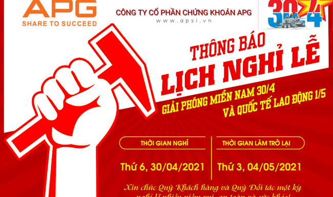THÔNG BÁO LỊCH NGHỈ LỄ 30/04 – 01/05/2021